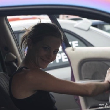 Amanda driving in between tracks.